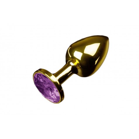 Маленькая золотистая анальная пробка с круглым кончиком и фиолетовым кристаллом - 7 см.